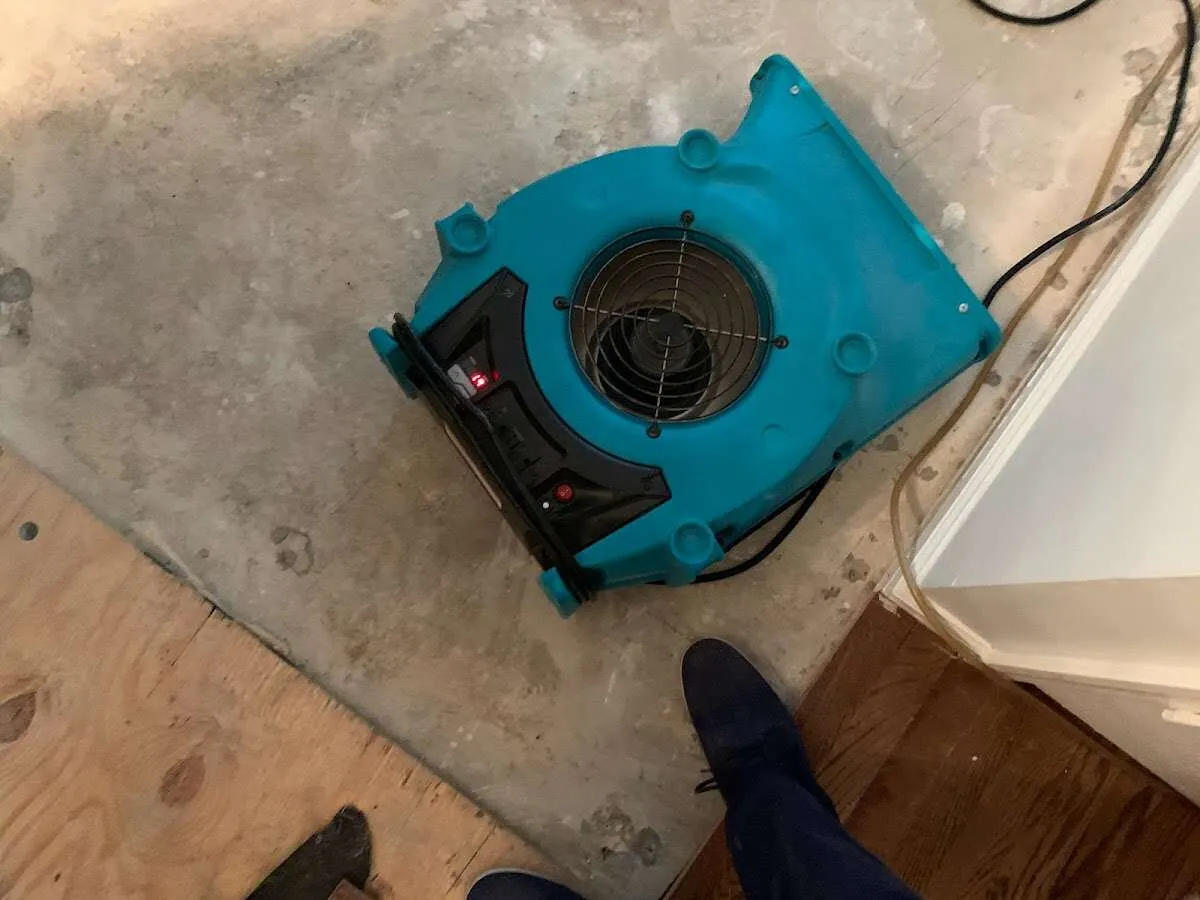 Air mover drying subfloor during Leak Detection & Repair in Home Gardens